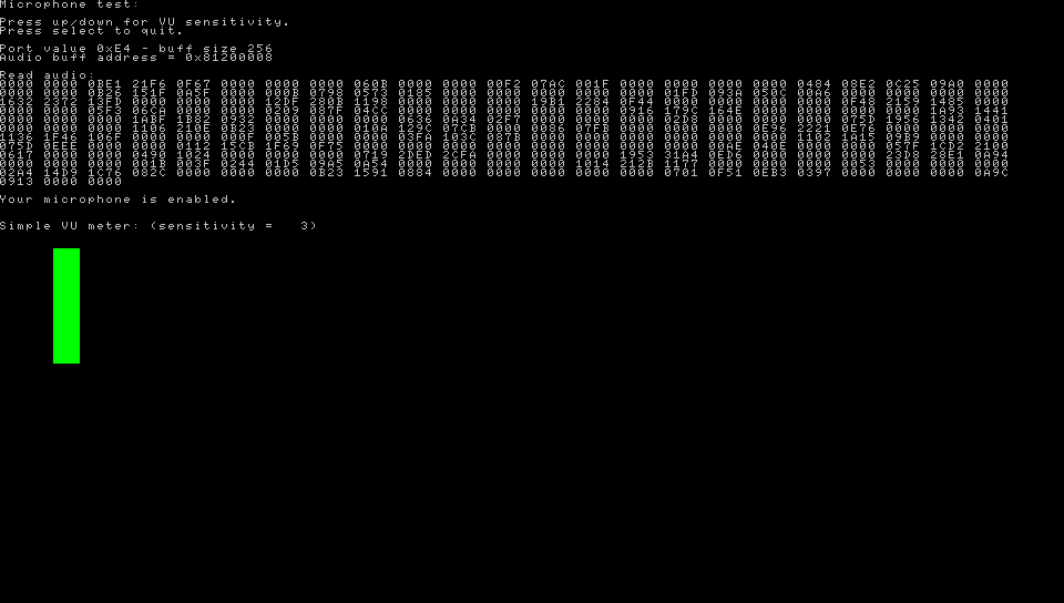 Microphone test code running. It has various hexadecimal numbers -> the microphone data