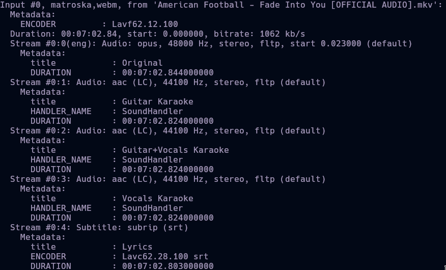 screenshot of ffmpeg showing metadata of the .mkv file, it shows the audio tracks and subtitles in one file