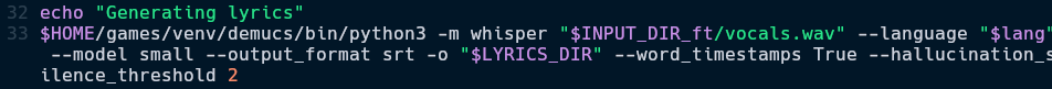 code for running whisper to generate the lyrics and saving into a .srt file