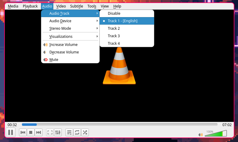 screenshot of VLC where 4 audio tracks and one subtitle track is visible
