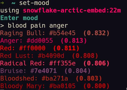 example of colors generated for: blood pain anger 