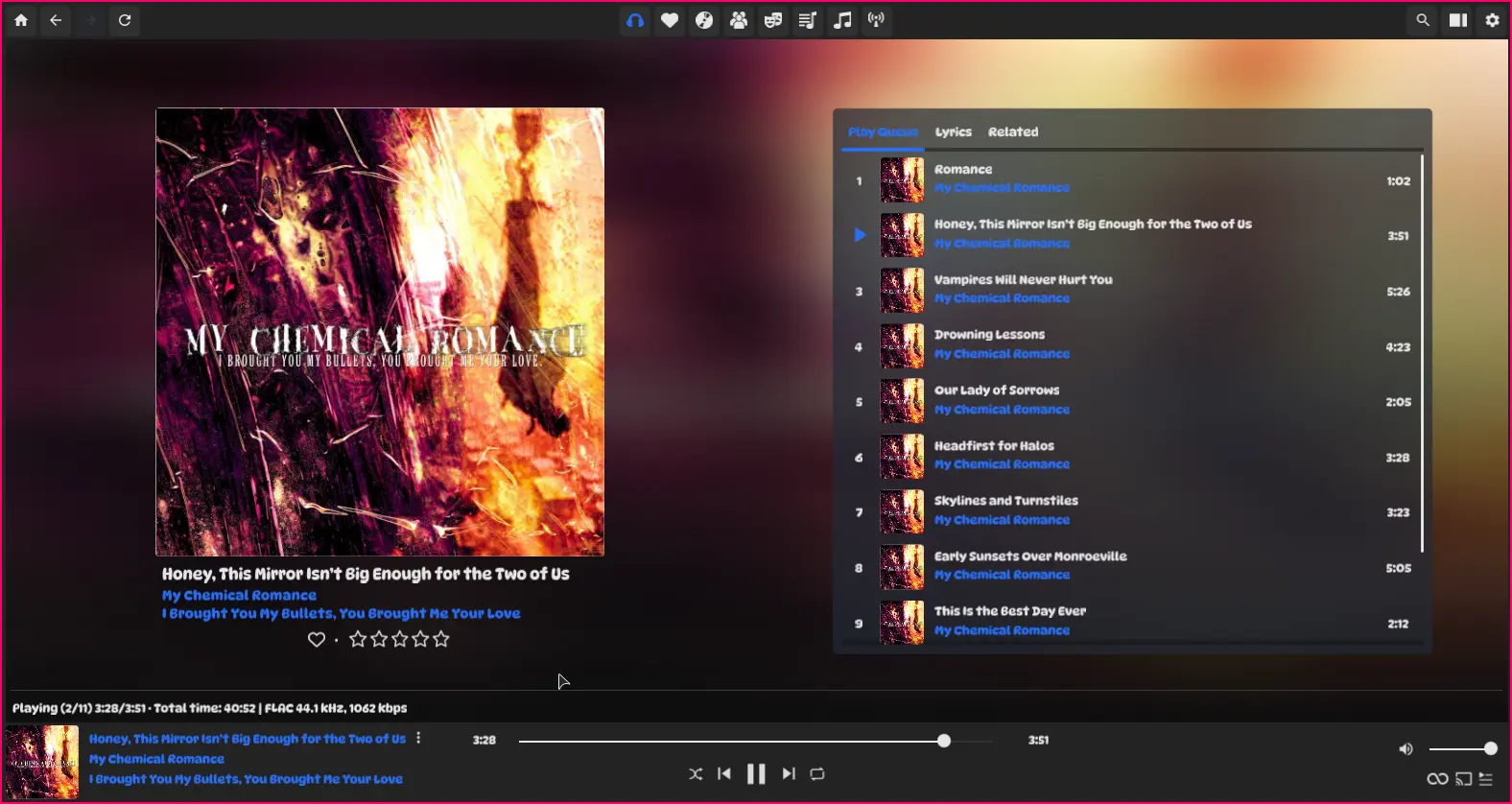 MCR's 'I Brought You My Bullets, You Brought Me Your Love' album playing on Supersonic with a background blur