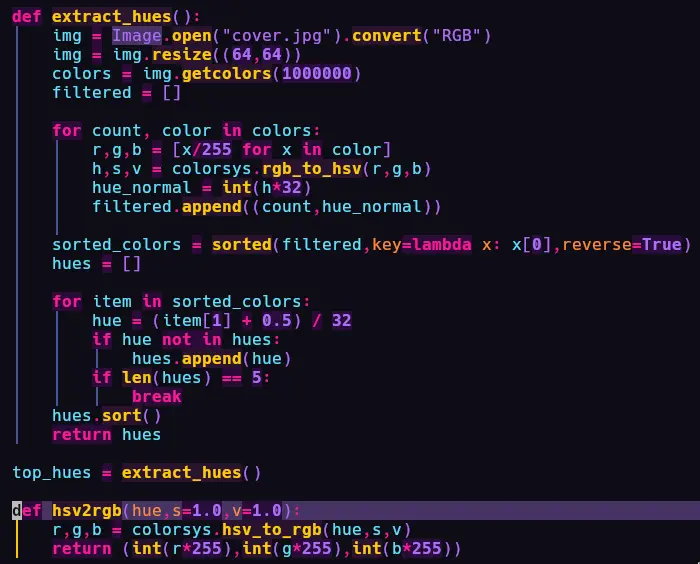 code snippet showing how the color extraction works, it puts all the colors into 32 buckets and returns the top 5 most populous buckets