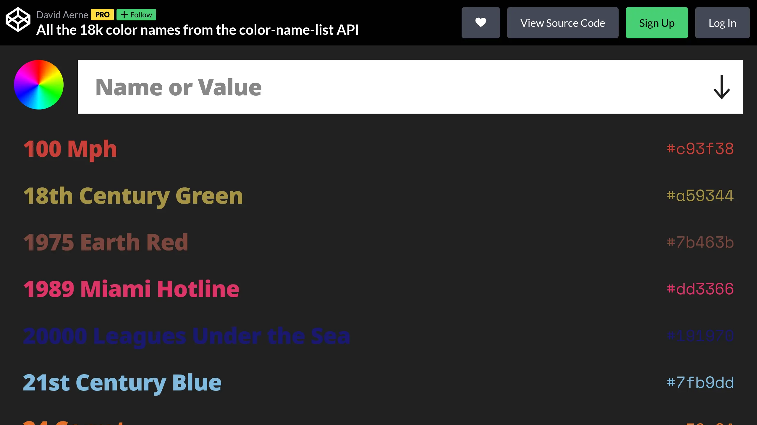 screenshot of https://codepen.io/meodai/full/pXNpXe showing the color index from meodai/color-names