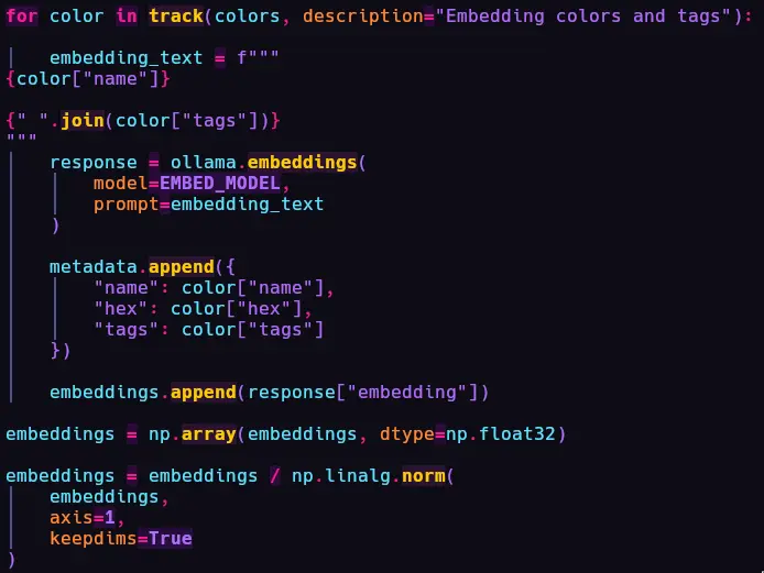 Code snippet showing embeddings getting appeneded into the numpy array